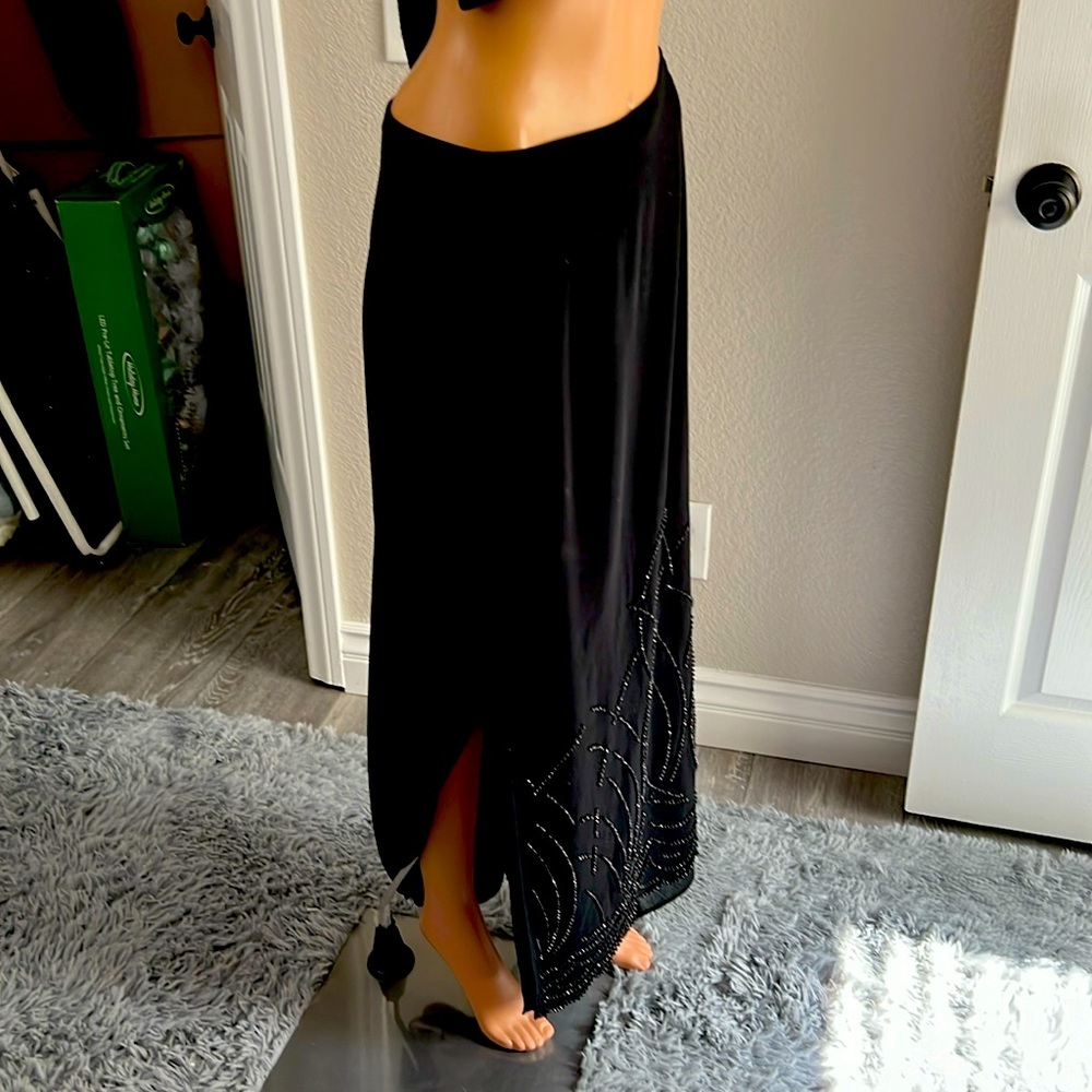 Vintage black beaded full length skirt with side slits size 6